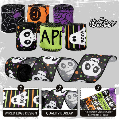 Whaline 6 Roll Happy Halloween Wired Edge Ribbon Ghost Boo Pumpkin Skull Spider Ribbon Colored Fabric Ribbons for Wreath Bow Making DIY Crafts Wrapping, 30 Yard