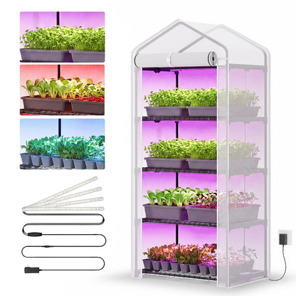 Superlele Mini Greenhouse with Grow Light, 4 Tier Greenhouse for Indoor Outdoor, 27"x19"x62" Portable Plant Green House with 4pcs LED Grow Light, Grow Tent for Seedlings, Flowers & Herbs, White