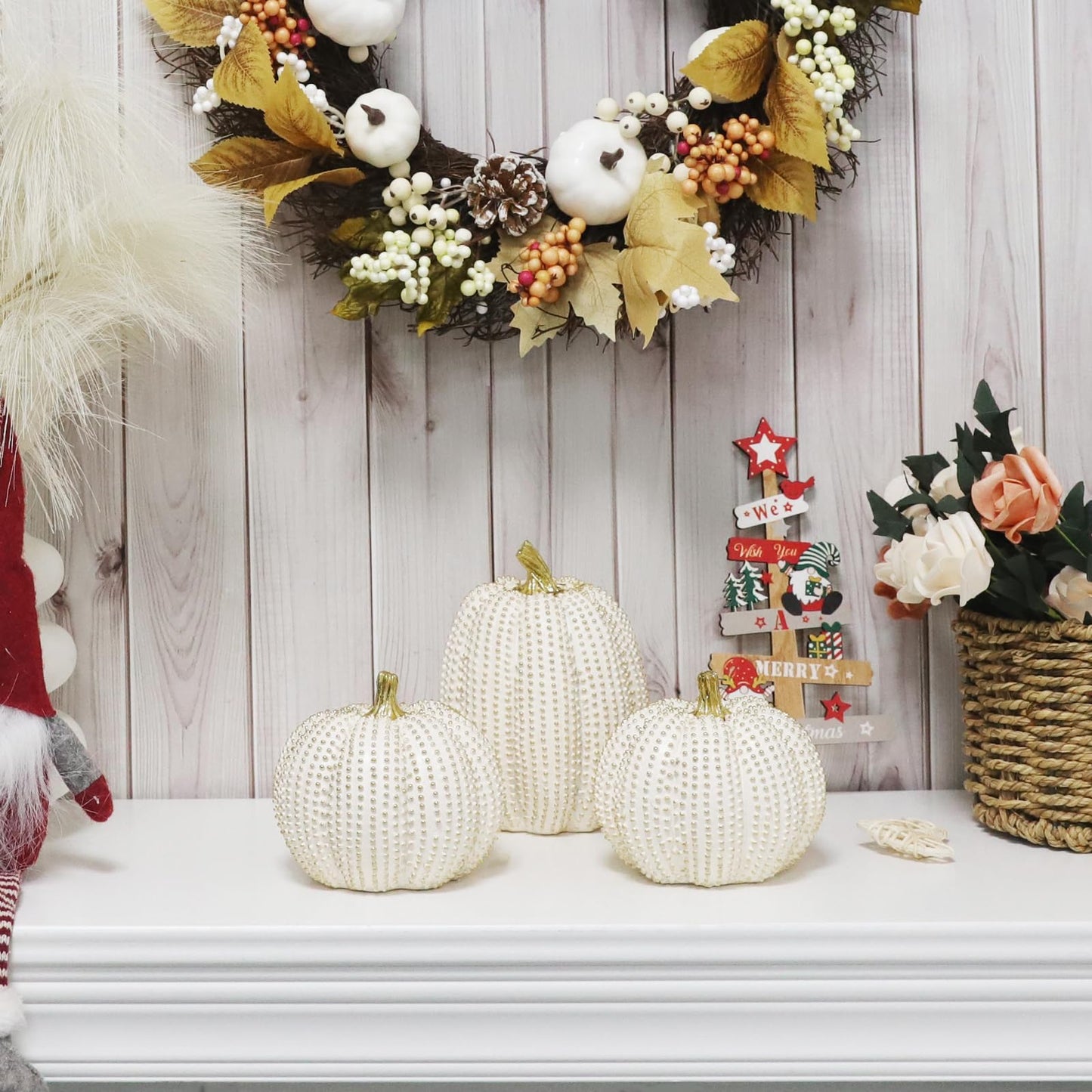 TaoQ C 3 PCS Large Thanksgiving Resin Pumpkin, Fall Pumpkin Figurines White and Gold Glitter Resin Pumpkin for Home Kitchen Halloween Thanksgiving Fall Harvest Decoration