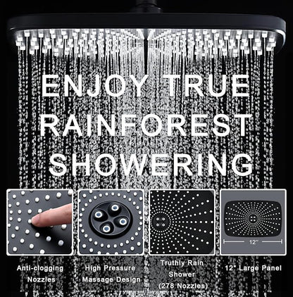 BOZYBO Rain Shower Head with Handheld: High Pressure Shower Heads with Handheld Spray Combo, 12" Rainfall Shower Head and 9 Sprays Hand Showerheads with Magnetic Docking and Power Jets, Black 1.8GPM