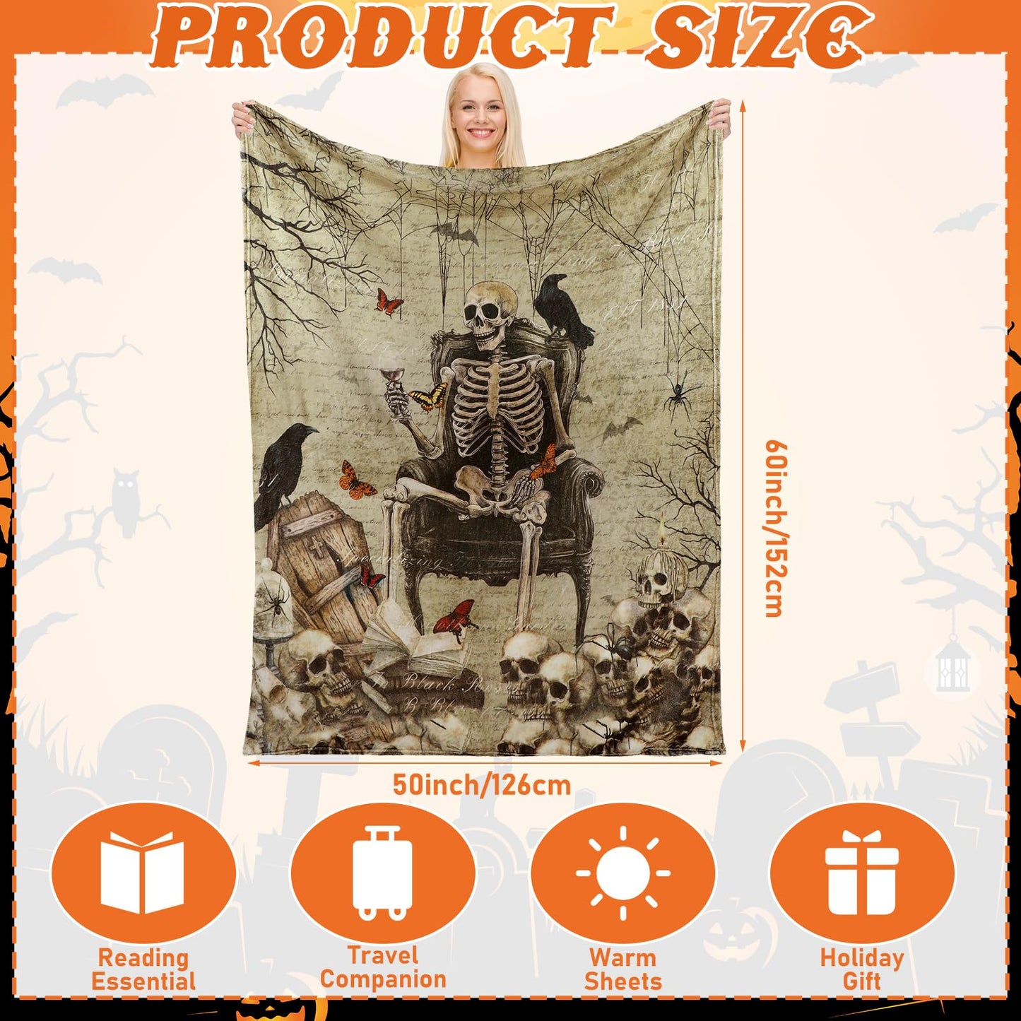 Breling Gothic Throw Flannel Blanket Ghost Skeleton Cozy Fuzzy Warm Throw Blanket Gothic Punk Themed Print for Winter Couch Sofa Bed Home Decor 60"x50"