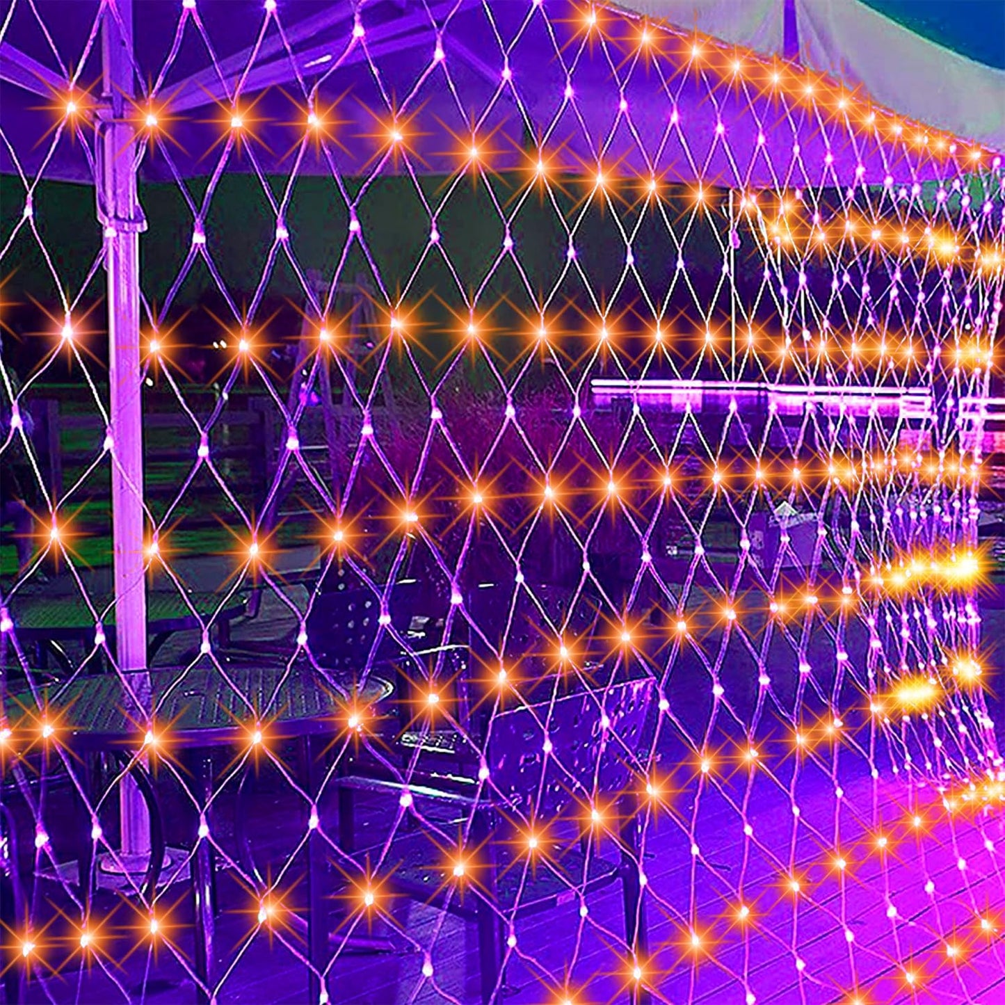 WATERGLIDE Outdoor Halloween Net Lights, 12FT x 5FT 360 LED Fairy String Light with 8 Lighting Modes, Connectable Light Safe Adaptor for Garden Tree Bushes Holiday Party Decorations, Orange & Purple