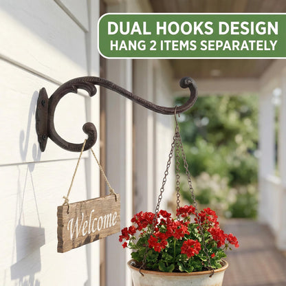 Z metnal Cast Iron Plant Hanger - 9 inch Rustic Wall Mounted Hanging Basket Holder for Indoor/Outdoor Garden, Patio, Porch Decor - Heavy Duty Metal Hook Bracket, Double Hook,