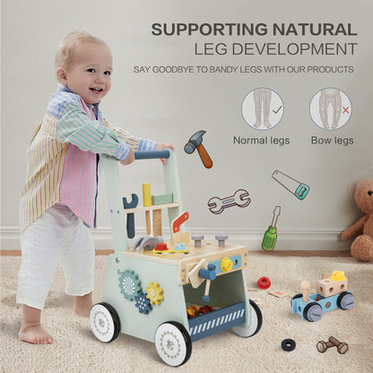 2-in-1 Baby Push Walker - Wooden Push Walker and Tool Toy for Babies - Toddler Learning Activity Walker for Girls Boys 1-3 Years - Educational and Sturdy Construction