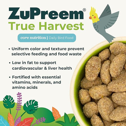 ZuPreem True Harvest Bird Pellets, Daily Bird Food for Cockatiel, Lovebird, Quaker, Small Conure, Lorikeet, Core Nutrition for Medium Birds, Added Vitamins, Cockatiel Pellets (M, 2.5 lbs)