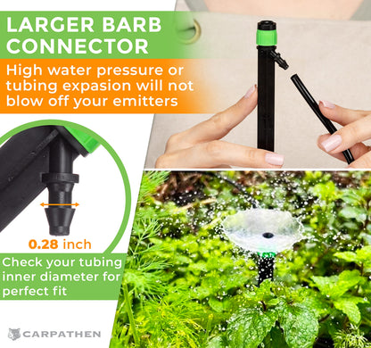 CARPATHEN 12pcs Drip Irrigation Emitters - Compatible with ¼ inch Drip Irrigation Tubing - 360 Degree Adjustable Flow Garden Irrigation Drippers for Drip Irrigation System - Spare Parts Included