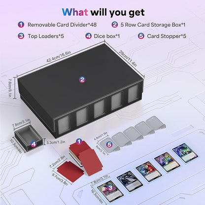 UAONO Trading Card Storage Box with Commander Display;3900+ Card Box for MTG, Removable Cover; 5 Row Case fits MTG TCG Sports Cards 48 Dividers,5 Stoppers,5 Top Loaders,1 Dice Box(Black, Grey)