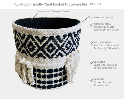 NATURE4U Boho Hand Woven Plant Basket Modern Woven Basket for 4-6.5" Flower Pot Floor Indoor Planters, Storage Organizer Rustic Home Decor, Black and White with Tassels 9” x 9"