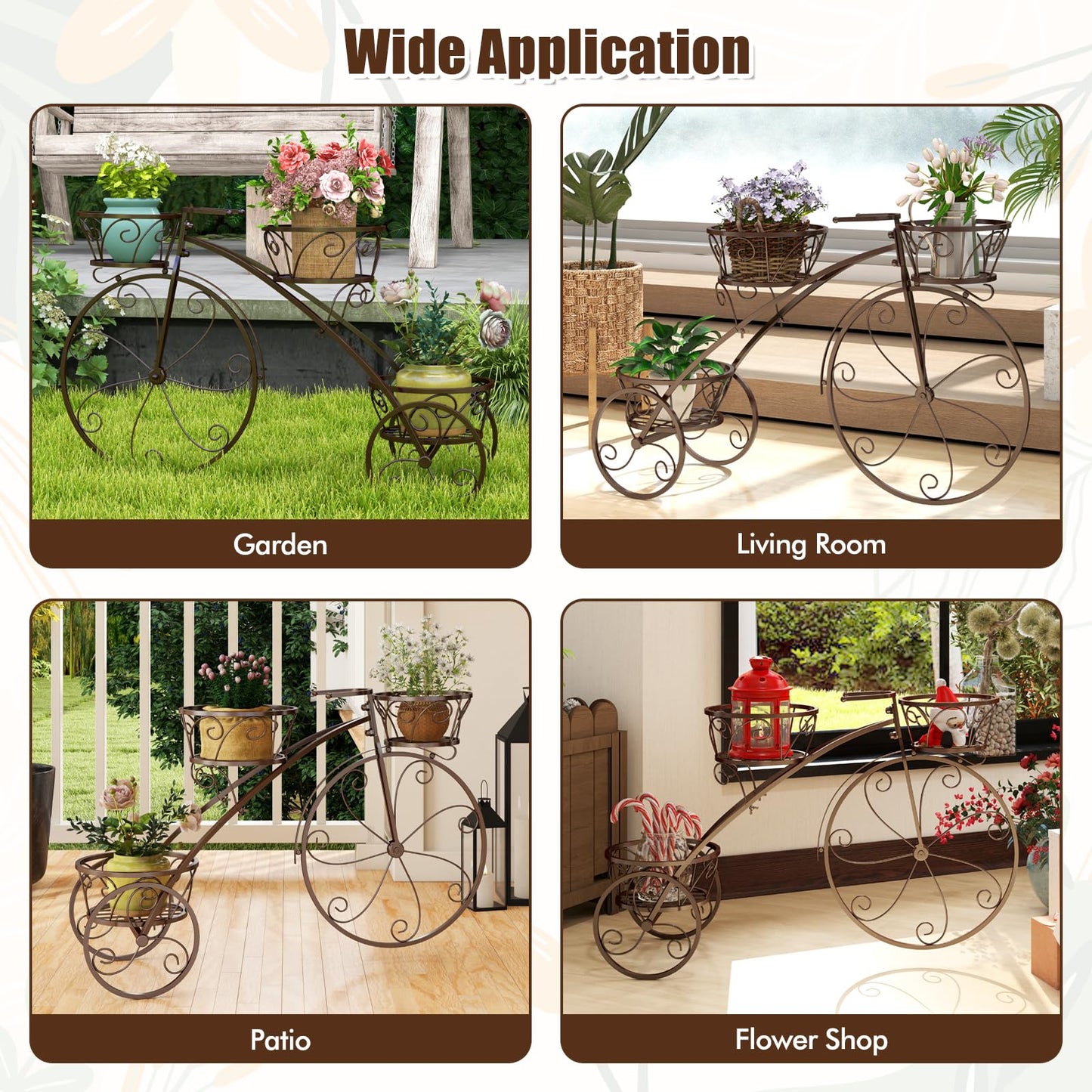 CHEFJOY Metal Bicycle Planter, 3-Tiers Flower Cart Display Stand with 3 Wheels & Iron Baskets, Decorative Cart plant stand for Garden, Patio, Indoor, Outdoor (Bronze)