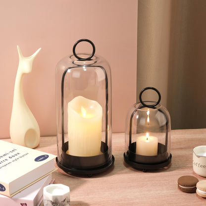 5" & 4" Wide Versatile Metal Candle Holder in Black with Handmade Thick, Heavy & Sturdy Glass Dome for Pillar Candle, Industrial, Modern, Shelf, Mantel, Veranda, Porch (Black, Large & Small)