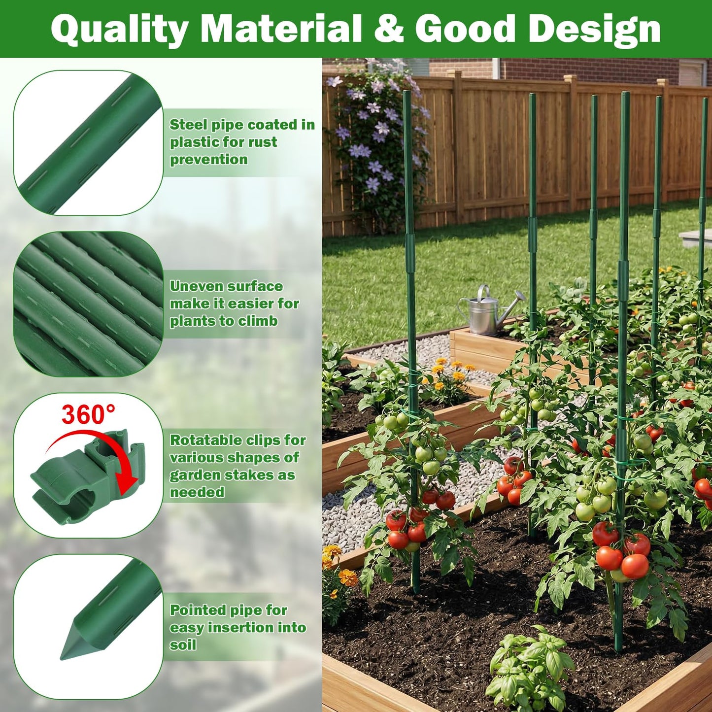 Tegarbed Garden Stakes 70 Pack, 16 Inch Plastic Coated Metal Tomato Stakes, DIY 4ft 5ft 6ft 7ft Plant Support Stakes with 40 Connectors 30 Rotatable Clips 30 Plant Clips for Indoor Outdoor Vegetables