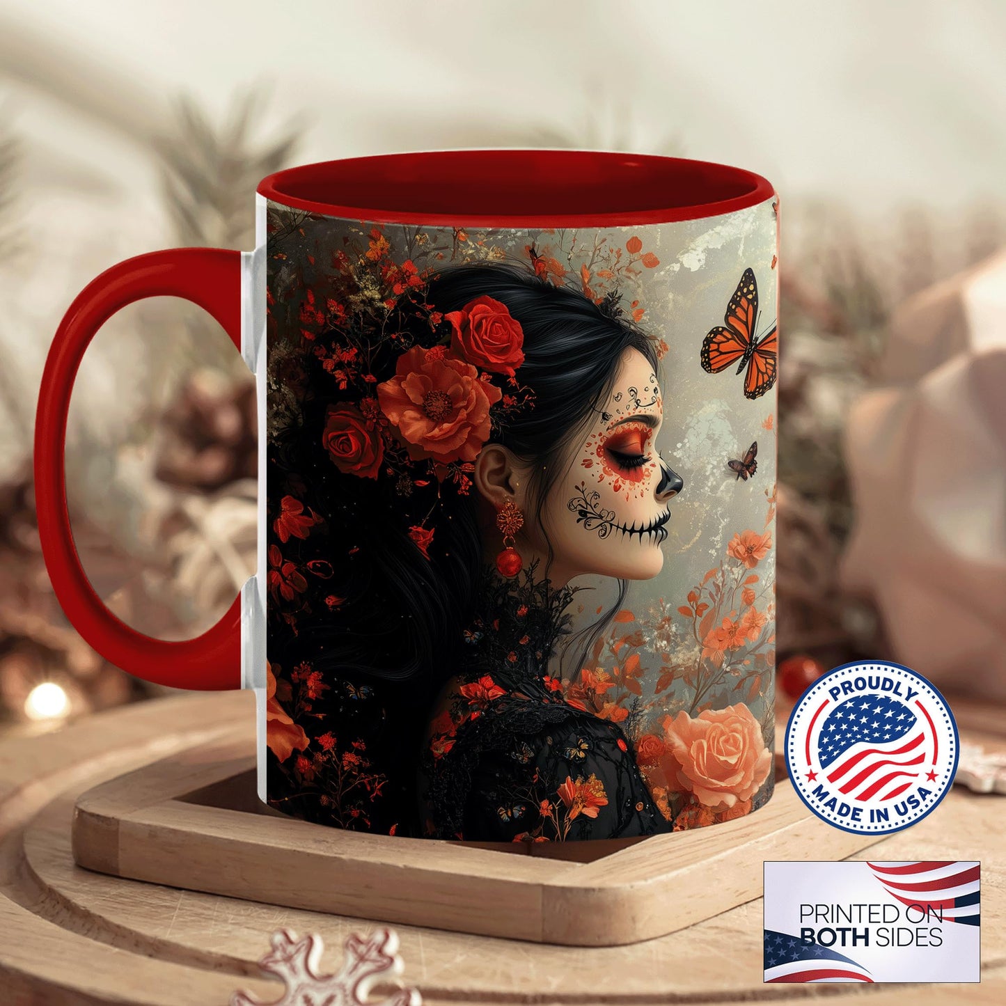 ANOVRA Day of the Dead Lady Mug, Dia de los Muertos Coffee Mug with Orange Rose Face Paint, Gothic Mexican Art Ceramic Cup, Gift for Halloween, Her, Friends, Celebration, 11oz
