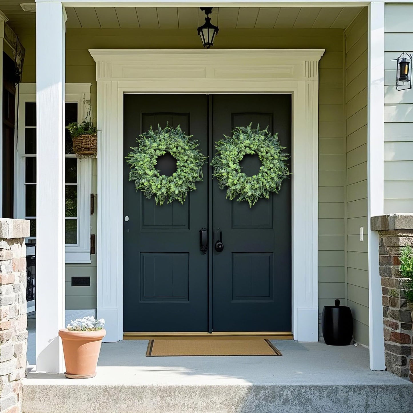 26'' Eucalyptus and Boston Ferns Wreath for Front Door - Large Artificial Greenery Outdoor Wreath for Porch,Window,Farmhouse,Home,Hanging Decor- Spring, Summer, All Seasons (Gray-Green)