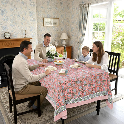 Ridhi Dark Salmon Pink Hand Block Print Cotton Rectangle Tablecloth 60" x 60" inches Reusable Table Cover Decorative Everyday Use for Dining Room, Farmhouse, Home Gift for Spring, Mother's Day