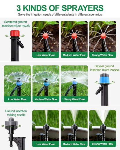 IRRIGARDENER Drip Irrigation System for Garden, Automatic Garden Watering System with 180FT 1/2” & 1/3” Tubing, Dual Faucet, Adjustable Nozzle Emitters for Garden, Greenhouse, Lawn, Potted Plants