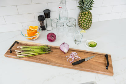 Lipper International 2031 Acacia Wood Serve Board with Black Handles for Cheese, Crackers, and Charcuterie, Rectangular 30" x 7" x 1"
