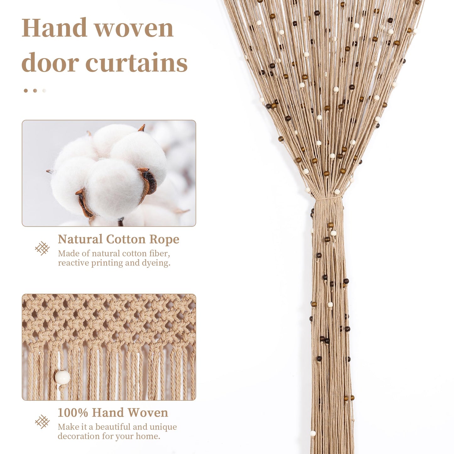 BECHAEO Macrame Beaded Curtain Boho Handmade Cotton Door String Curtain for Doorway Window Wooden Beads Hanging Hippie Room Divider Closet Bedroom Privacy Decor, 1 Panel 79" x 35"