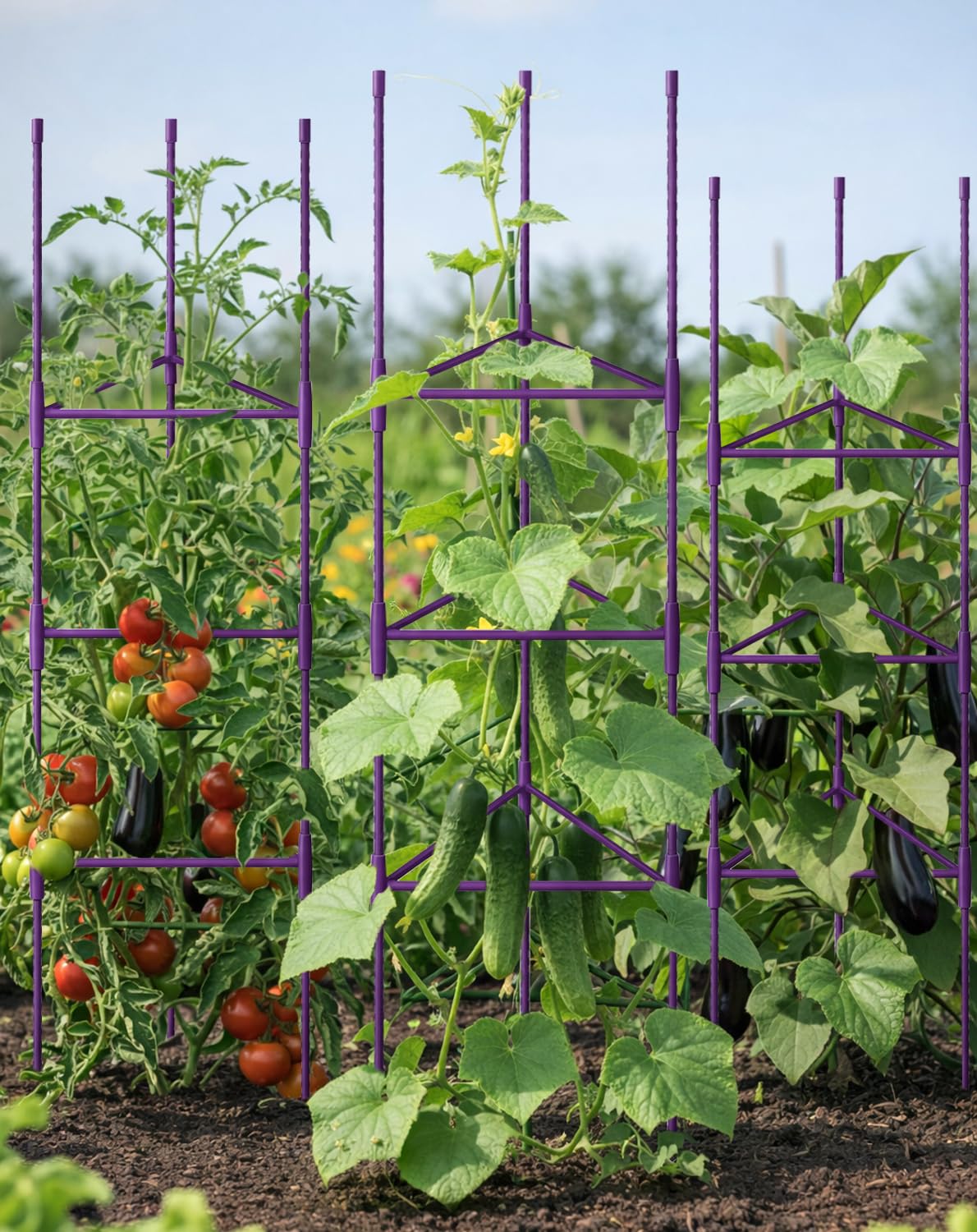Growsun 51 inch Tomato Cage Heavy-Duty Plant Support Cucumber & Vine Vegetables – Adjustable Purple Metal Garden Trellis for Climbing Plants, Indoor & Outdoor Use, 3 Pack