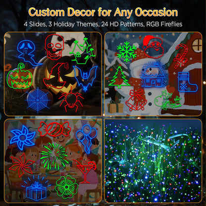 Christmas Lights Projector Outdoor, 2-in-1 Holiday Light Projector with 4 Slides & 8 Brighter HD Patterns, Moving RGB Firefly Effects Light for Christmas Decorations, Halloween, Yard & Garden