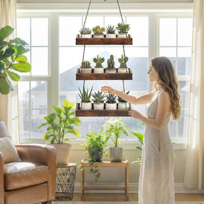 Otoolling 3 Tier 16" Hanging Window Plant Shelf Wood Frame Metal Chain Large Hanging Herb Planter Holder Indoor Display Floating Wall Flower Pot Organizer Storage for Herbs Microgreens Succulents