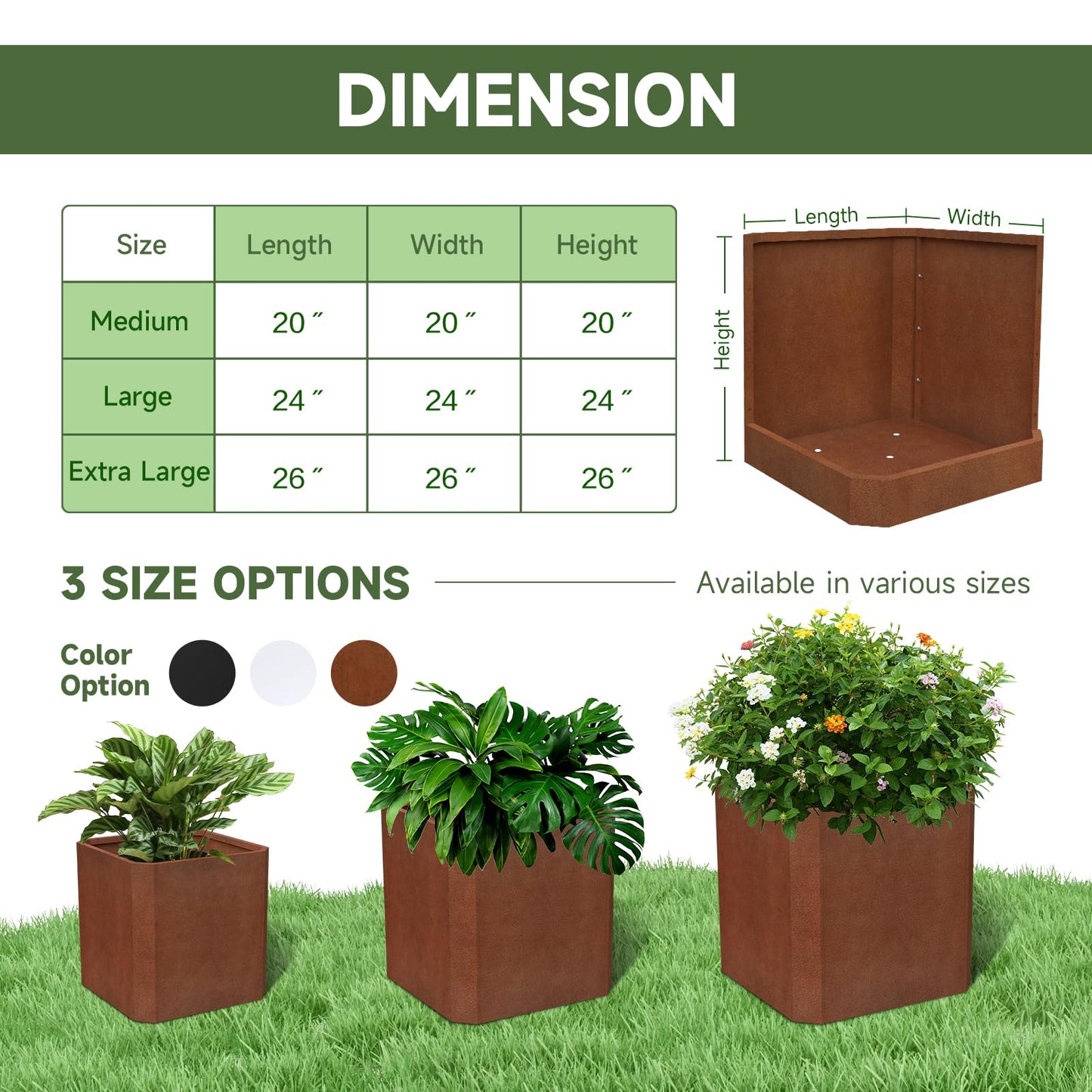GJWCVL Corten Steel Planter Box-26"x26"x26"-Large Square Planter Matel -Outdoor Indoor- Heavy Duty Rustic Tall Planter Box Commercial Residential for Porch Patio Deck Home Backyard