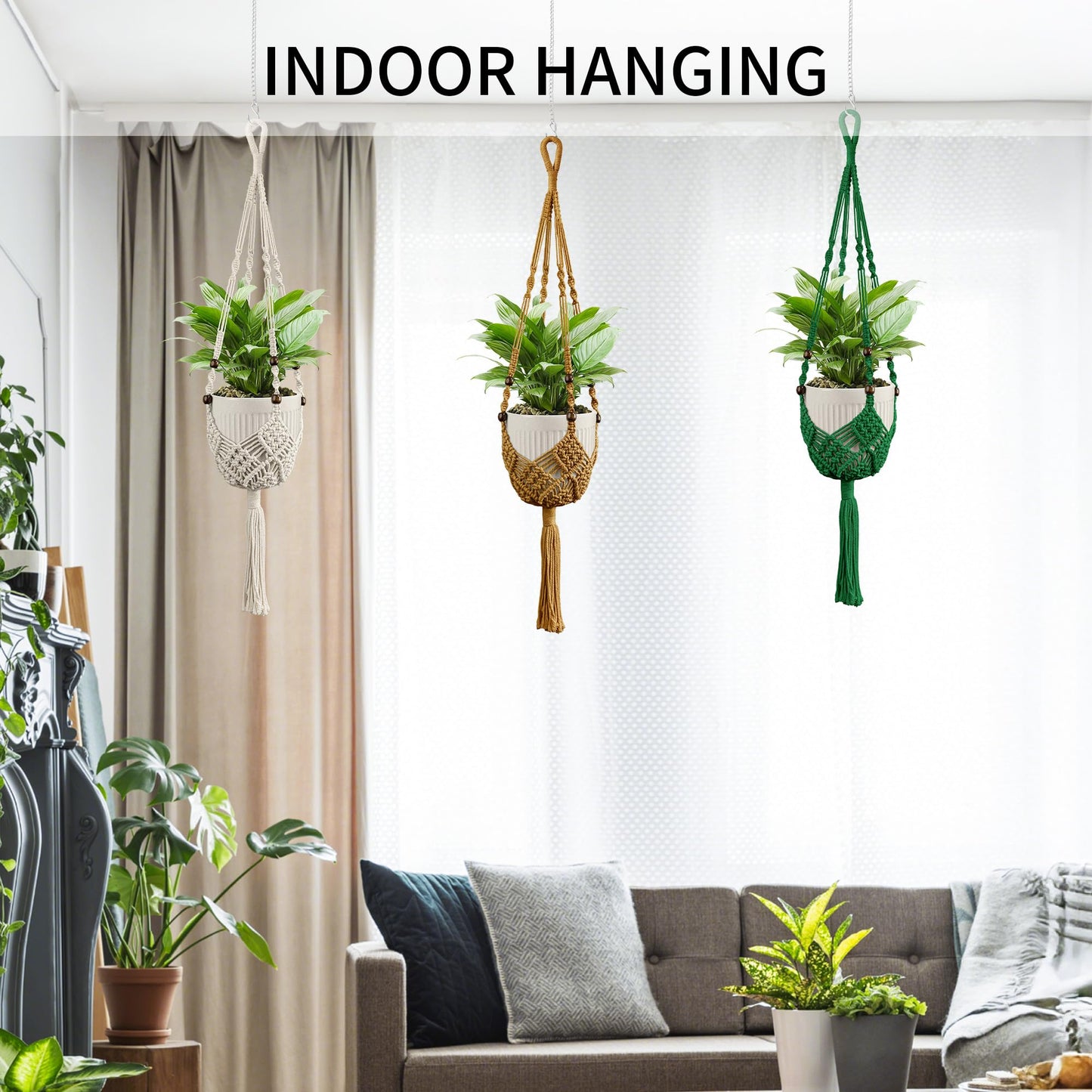 IDEEEPAN Macrame Plant Hanger - Fits 3 to 6 inches Pots for Indoor Outdoor, 35 Inch, Set of 2, Brown (POTS NOT Included)