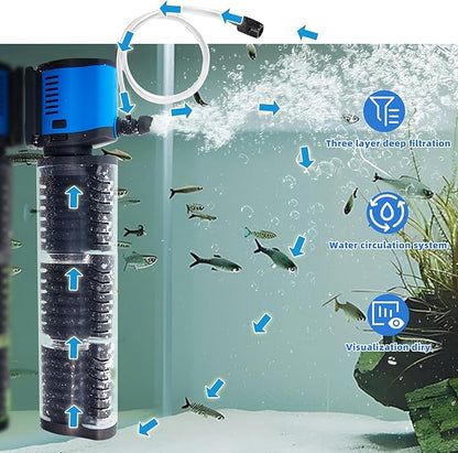 COOSPIDER Aquarium Filter Pond Filter for 35-75 Gallon, 260GPH Powerful Filtration Pond Pump, Submersible Canister Filters for Fish Turtle Tank, Cold Plunge, Clear Wavemaker Oxygen Supply