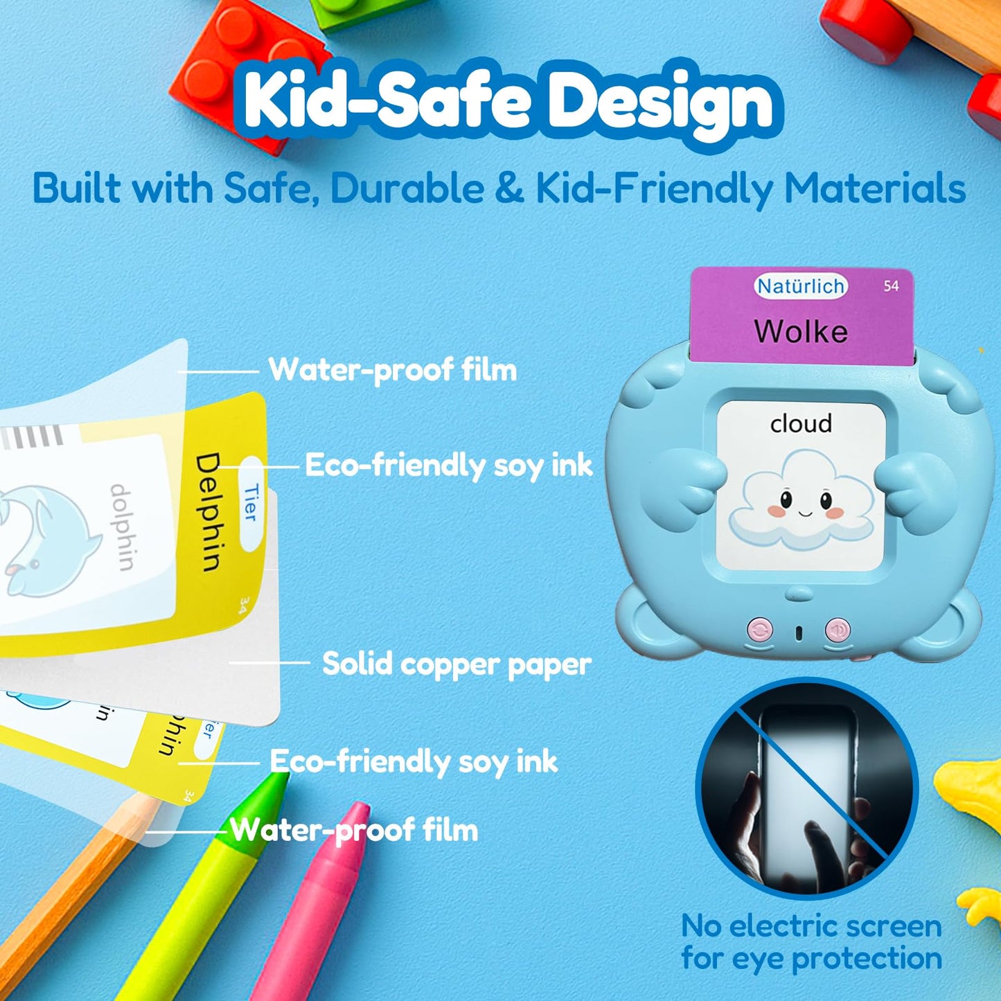 MoLingvora Bilingual Talking Flash Cards for Kids - Deutsch German English Flashcards Children Adults, 510 Sight Words, ABC Alphabet, Pocket Speech for Toddlers, Audible Sensory Toys (German, Blue)