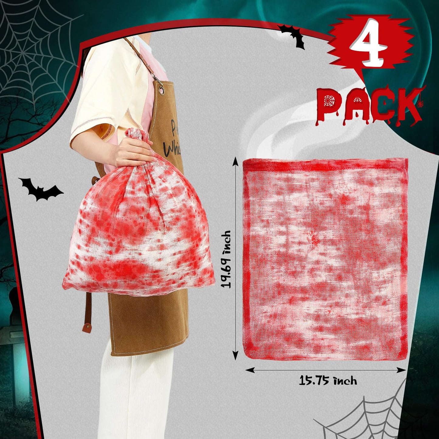 Arrowbash 4 Pcs Halloween Horror Treat Goodie Bags Bloodstain Spooky String Back Halloween Drawstring Bloody Body Bags for Candy Favors Supplies (20 x 16 in)