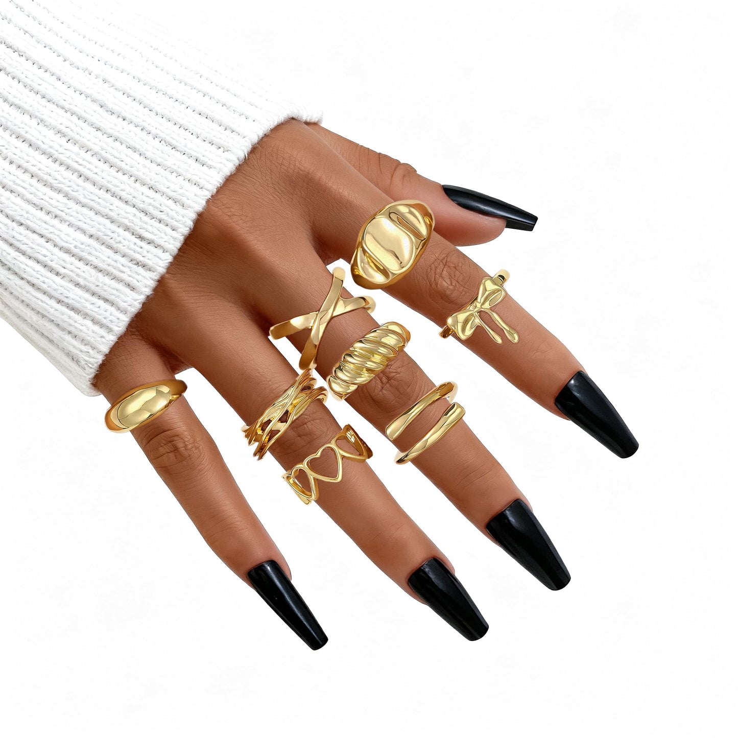FAXHION 12PCS Gold Stackable Rings Set for Women, 18K Gold Plated Open Stacking Knuckle Ring, Adjustable Chunky Signet Band Statement Ring for Gift