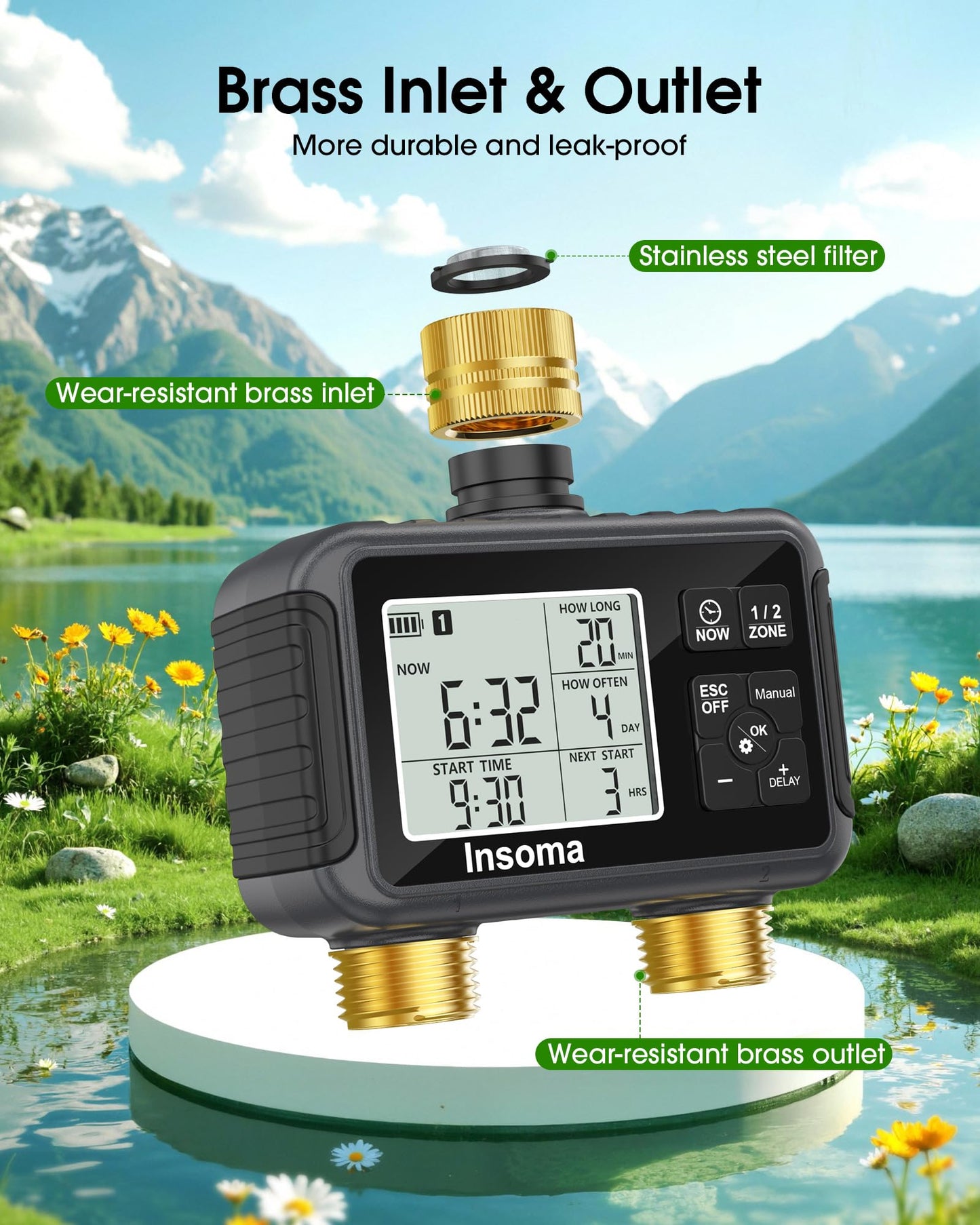 Insoma Water Timer with Brass Inlet & Outlet, 2 Independent Zones Outdoor Hose Timer for Garden Faucet with Auto/Manual/Rain Delay Mode, Sprinkler Irrigation Controller for Yard Lawn
