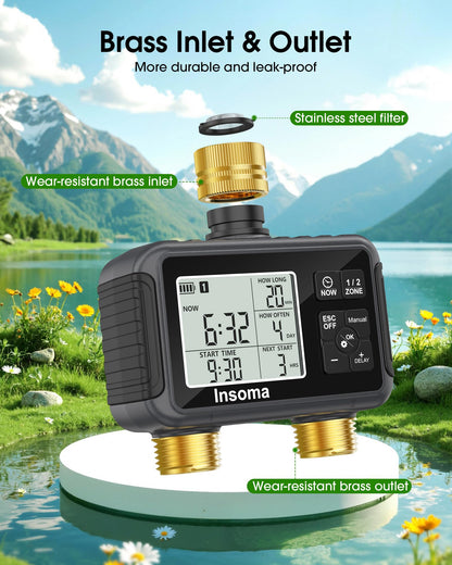 Insoma Water Timer with Brass Inlet & Outlet, 2 Independent Zones Outdoor Hose Timer for Garden Faucet with Auto/Manual/Rain Delay Mode, Sprinkler Irrigation Controller for Yard Lawn