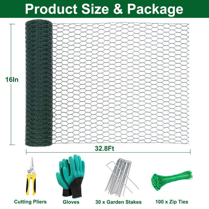 32.8Ft x 16In Plant Protectors from Animals, Wire Plant Protector Cage, Metal Chicken Wire Fence for Garden Plant Protection Guards from Rabbits Squirrel Deer, with Stakes, Zip Ties, Gloves & Pliers