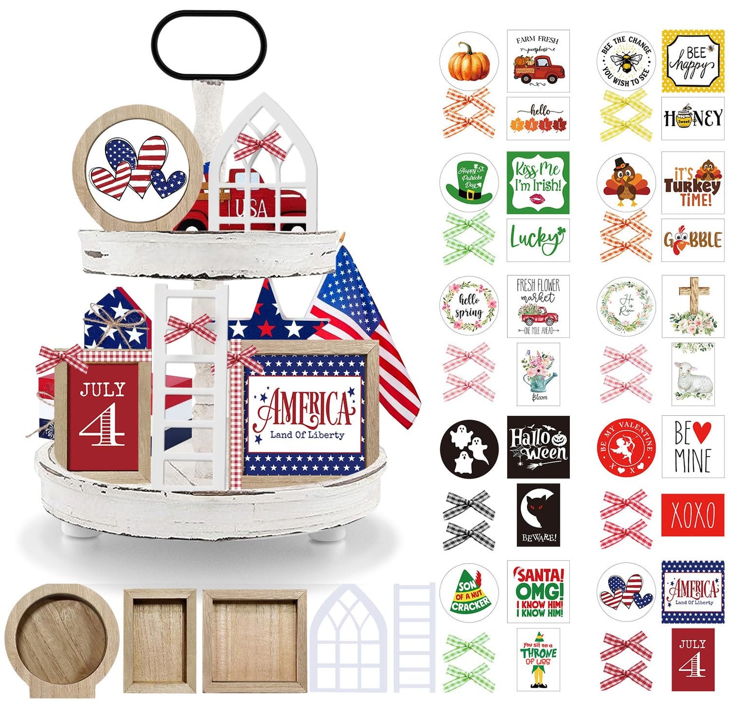 nuvagiki Interchangeable Seasonal Tiered Tray Decor Set, Farmhouse Holiday Wooden Sign Kit with Frames, Ladder & Arch, Year Round Home Decorations for Bee Spring Summer Patriotic (Tray Not Included)