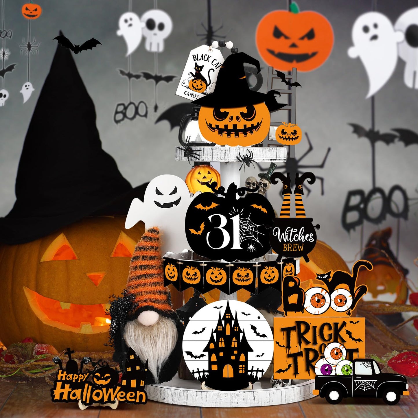 Geetery 18 Pcs Halloween Tiered Tray Decorations Set Wooden Halloween Table Decorations Plush Gnome Pumpkin Ghost Boo Wood Block Sign for Tiered Tray Party Decor Home Supplies