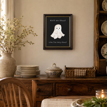 Vbaourut Framed Cute Halloween Wall Art, Funny Holy Ghost Canvas Painting, Cute Ghost Poster with Dark Brown Frame and Upgraded Hook and Loop for Living Room, 9x11 in