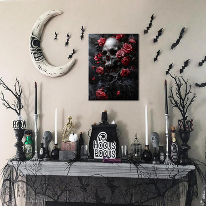 Gothic Canvas Wall Art Set of 3, Romantic Rose Halloween Wall Decor Paintings, Dark Goth Crow Skull Posters Prints for Bathroom Living Room Gallery Home Decor 12x16In Framed