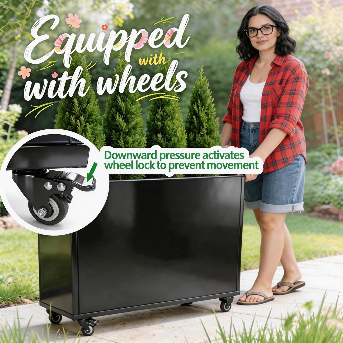 biubiusot Modern Metal Planter Box, Large Rectangular Planter for Outdoor Plants - Heavy Duty Tall Planter Box with Lockable Wheels Outdoor Planter for Porch/Patio/Garden (Black, 38"x12"x24.5")