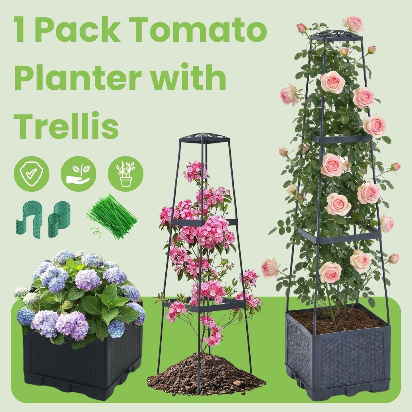 Lancisism Raised Garden Bed Tomato Planter with Trellis - 45" Self Watering Planters Box with Trapezoidal Trellis for Climbing Plants Vegetables Flowers - Tomato Cages for Greenhouse Indoor Outdoor
