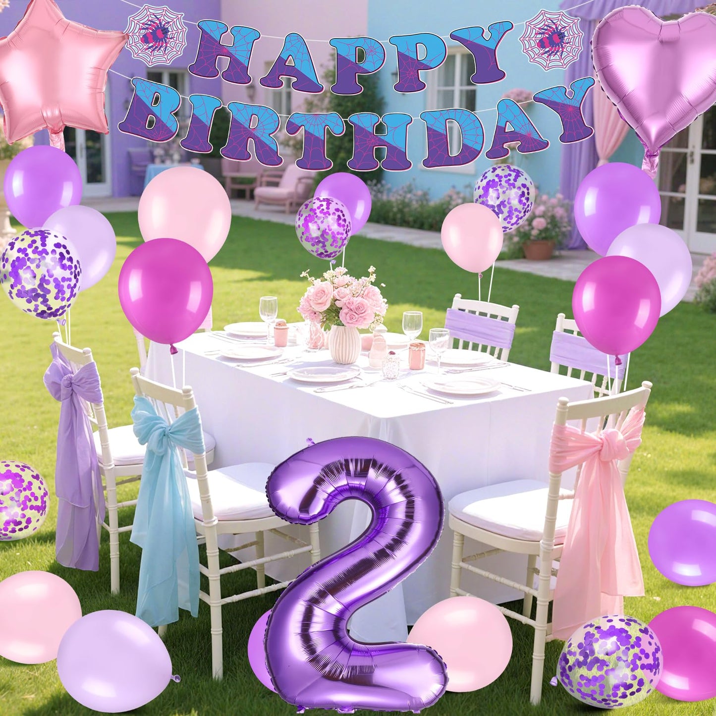 37pcs Ghost Spider Birthday Decorations-Purple Number Balloon,Happy Birthday Banner,Pink/Purple Balloons,Ghost Spider Theme Birthday Decor for HappyBirthday Party (Spider-Purple-2nd)