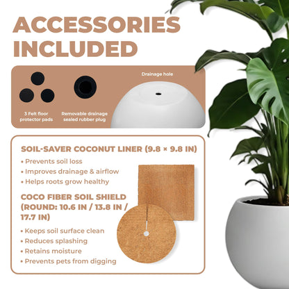 DEPLA LANE Marlo Fiberstone Round Planter (8.5" Pot Opening x 12..6" D x 9.8" H) Smooth Finishes, Lightweight, Durable, UV Resistant, Modern Minimalist Home Decor, Indoor Outdoor Plant Pot (S, White)