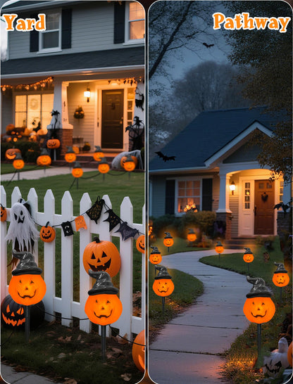Oviejo Halloween Decorations Outdoor C7 Halloween Pumpkin Pathway Stake Lights, 7Ft Jack-o-Lantern Garden Light with 4 C7 LED Bulbs, Pathway String Lights for Outdoor Garden Walkway Party Lighting