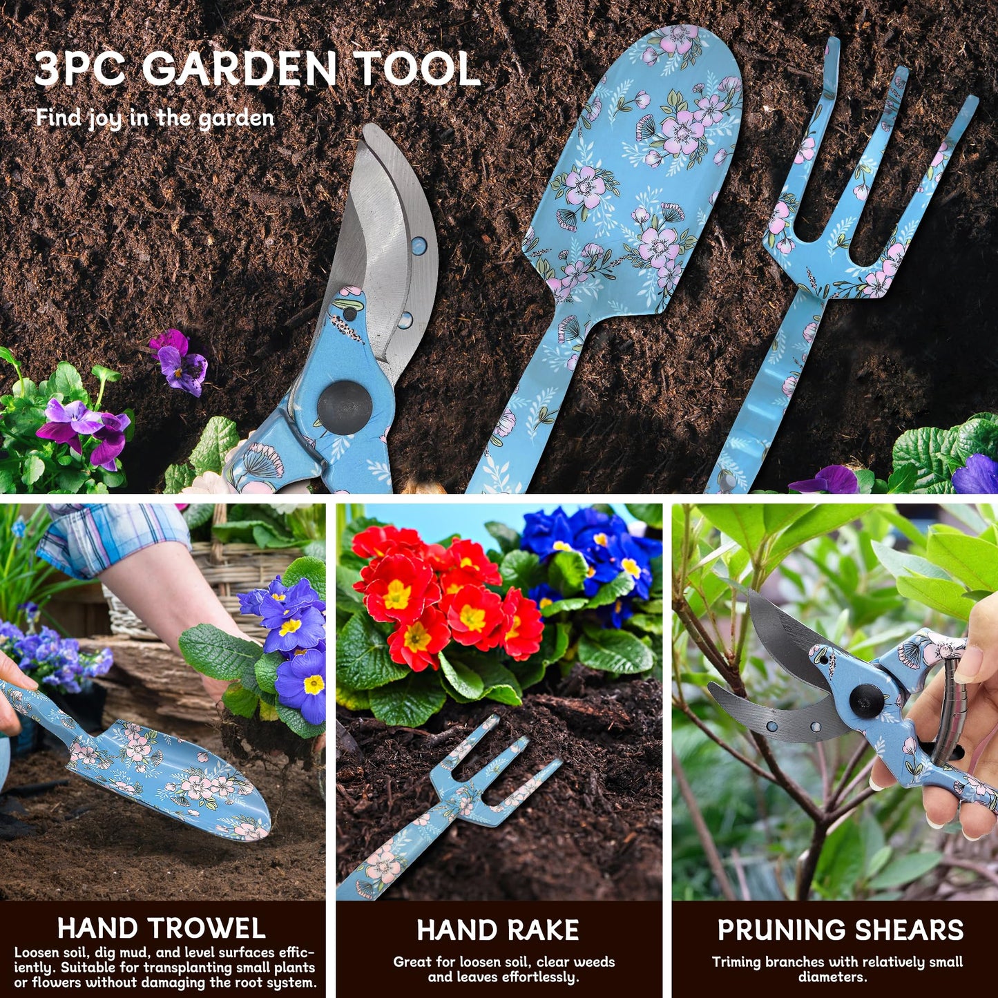 Evertools Garden Tool Set, 3 Piece Floral Gardening Tools for Women, Aluminum Gardening Hand Tools with Trowel, Hand Rake & Pruning Shears, Ergonomic Garden Tools for Indoor Outdoor Gardening