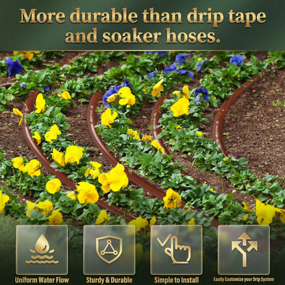 Innconee 100 ft 1/4 Inch Drip Irrigation Tubing with 6" Emitter Spacing Brown Hydroponics Dripline Hose Irrigation Drip Line Emitter Tubing Parts for Gardens Greenhouses Bed Flower Efficient Watering