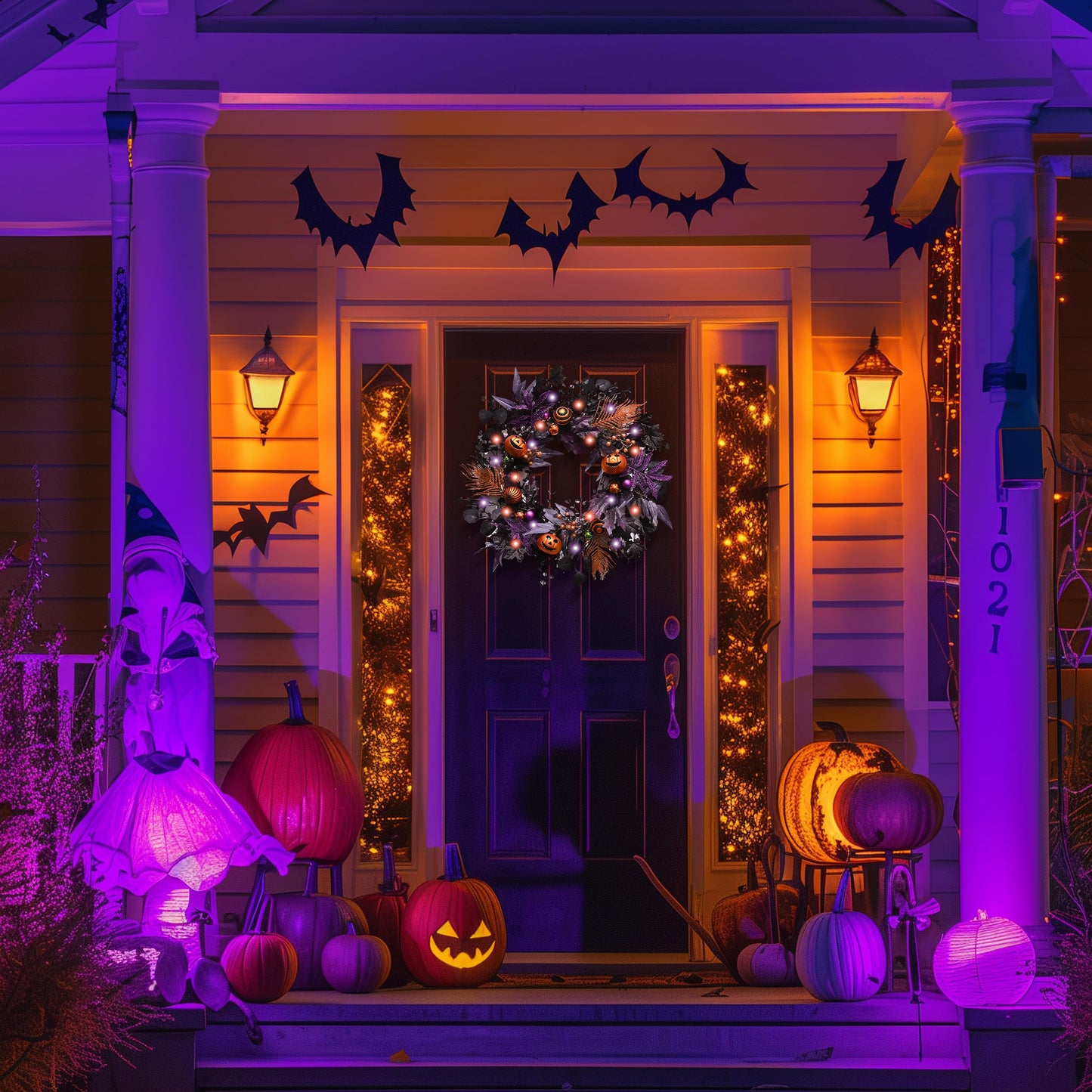 Valery Madelyn Collapsible Halloween Wreath for Front Door with Lights, 24 Inch Pre-Lit Jack-o'-Lantern Pumpkin Wreath Halloween Decorations for Centerpiece Window Indoor Party Holiday Wall Home Decor