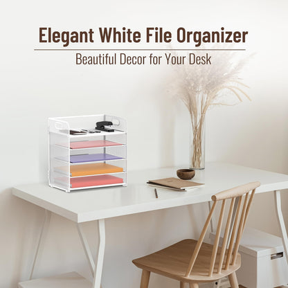 2 Pack 5-Tier White Desk Organizer with Handle Mesh Desk File/Paper Organizer Letter Tray for Office, School and Home Easy Installation