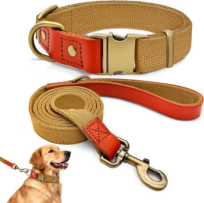Nylon Dog Leash and Collar Set with Metal Quick Release Buckle, Adjustable, Durable High-Density Fabric, Breathable, Soft and Comfortable, No Pull for Walking and Training, Khaki, XL (16.9"-26")