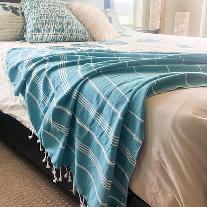 Bersuse Towels Anatolia XL Beach Blanket Throw Blanket Turkish Towel 100% Cotton Extra-Large Quick-Dry Lightweight Premium Peshtemal Towel - 61x82 Inches, Aqua (Set of 3)