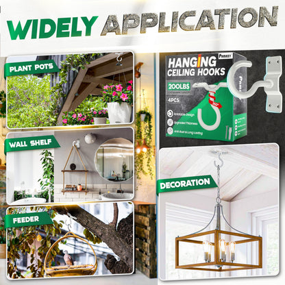 [UPGRADED] 200LBS 4Pcs Rotatable Ceiling Hooks with 4 Screw Points Plate Base, White Wall Mount Metal Hanger for Hanging Plants, Bird Feeders, Lanterns, Lights, Wind Chimes, Indoor Outdoor Decor