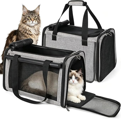 YUDODO 2 Packs 25 lbs Lightproof Soft Sided Cat Carrier for Large Cat & Small Dog Airline Approved Travel Bag Pet Puppy Carriers with Side Pockets & Reflective Mesh, Foldable Portable for Car 2 Grey